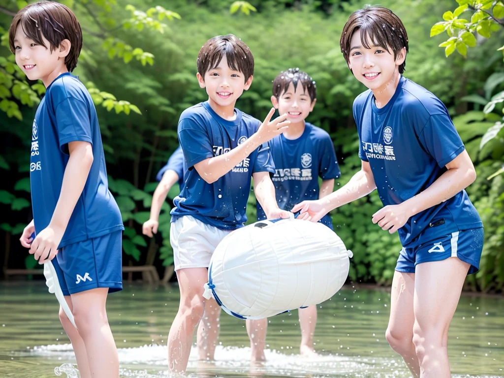 In the forest、Swimming in the river、Cool and refreshing water、Cute boy、Popular actors、10Year old boy、The boys are playing、Get wet all over、Noisy boys、Splashing Water、Boy in gym clothes、The bottom of the white T-shirt is blue、Blue shorts、Japanese、(Boy 1.4)