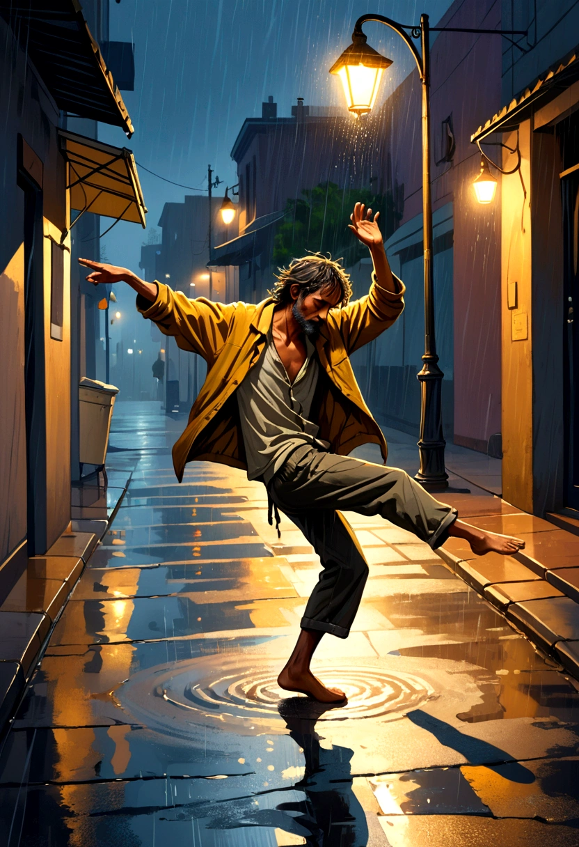 Soul Dancer Mark,A homeless man dancing alone in the rain under a street lamp,Barefoot,Loose and worn clothes,Professional Action,Splash,Light and Shadow,Minimalism,artistic conception,