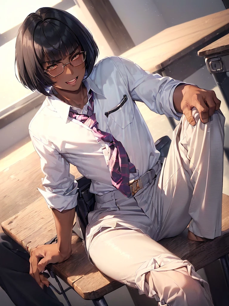 (1 feminine boy solo:1.7),(dark skin:1.5),(masterpiece:1.2), highest quality, High resolution, unity 8k wallpaper, (fine and beautiful eyes:1.6), highly detailed face, perfect lighting, Detailed CG, (perfect hands, perfect anatomy),20 years old, (black hair:1.3), detailed eyes, best quality, extremely detailed, very precise detailed, (glasses:1.4)white eyes, (blunt bangs:1.5), (open mouth:1.2), (bob hair:1.5), (evil smile:1.4), , (white eyes:1.5) ,long sidelocks, (blush:1.3),(sit on desk:1.3),(Put left knee in front:1.5),(boy's school uniform long pant:1.5),(loosen necktie:1.2),spread legs,bend knee,(open shirt:1.3),