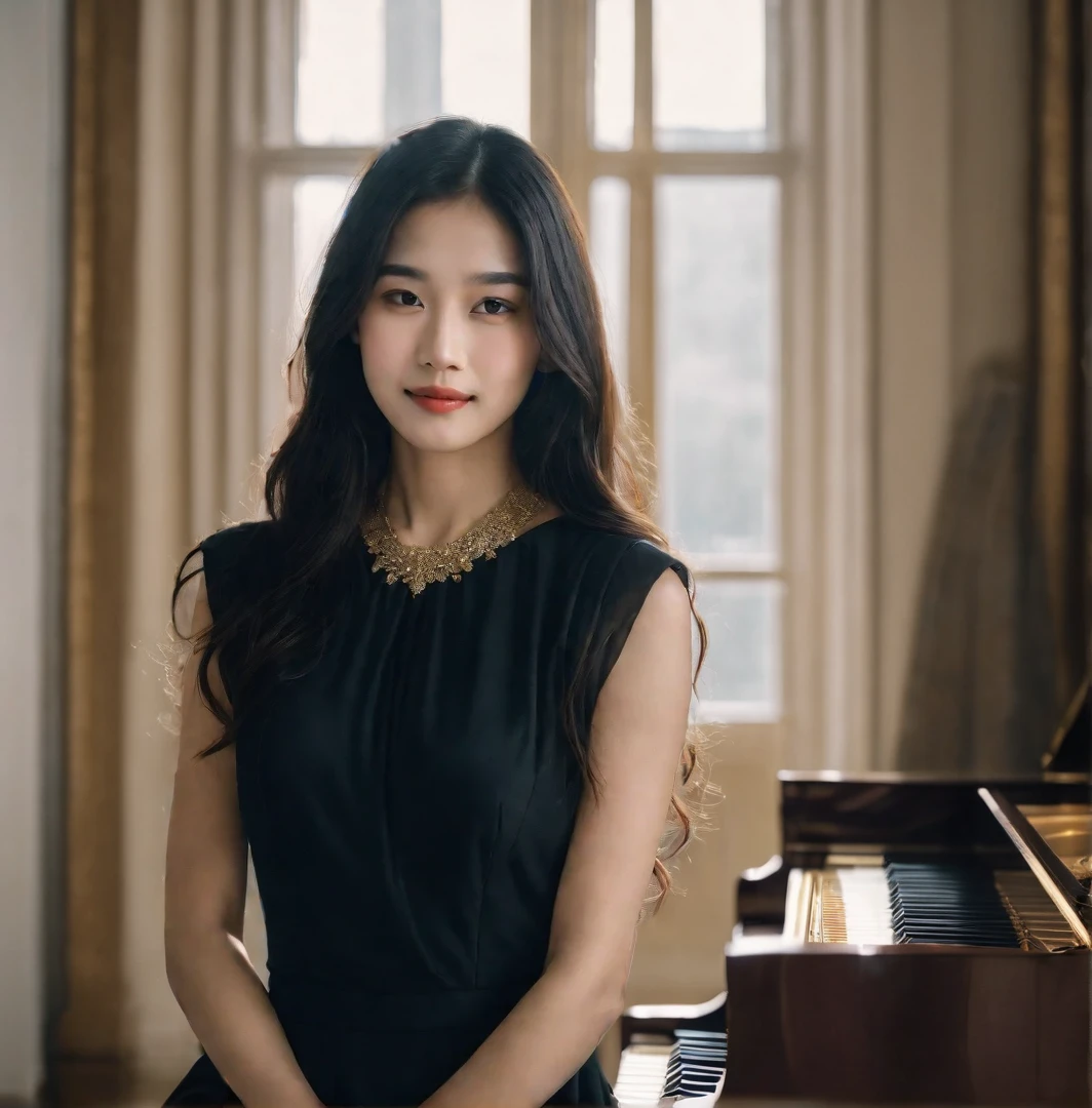  a grand piano in a room (RAW Photo, Best Quality), (Realistic, Photo Realistic: 1.3), Best Quality, Highly Detailed, Masterpiece, 1 Girl, upper_body, black_long_hair, (black dress) ,[soft smile], Best Quality, golden_hour_light
