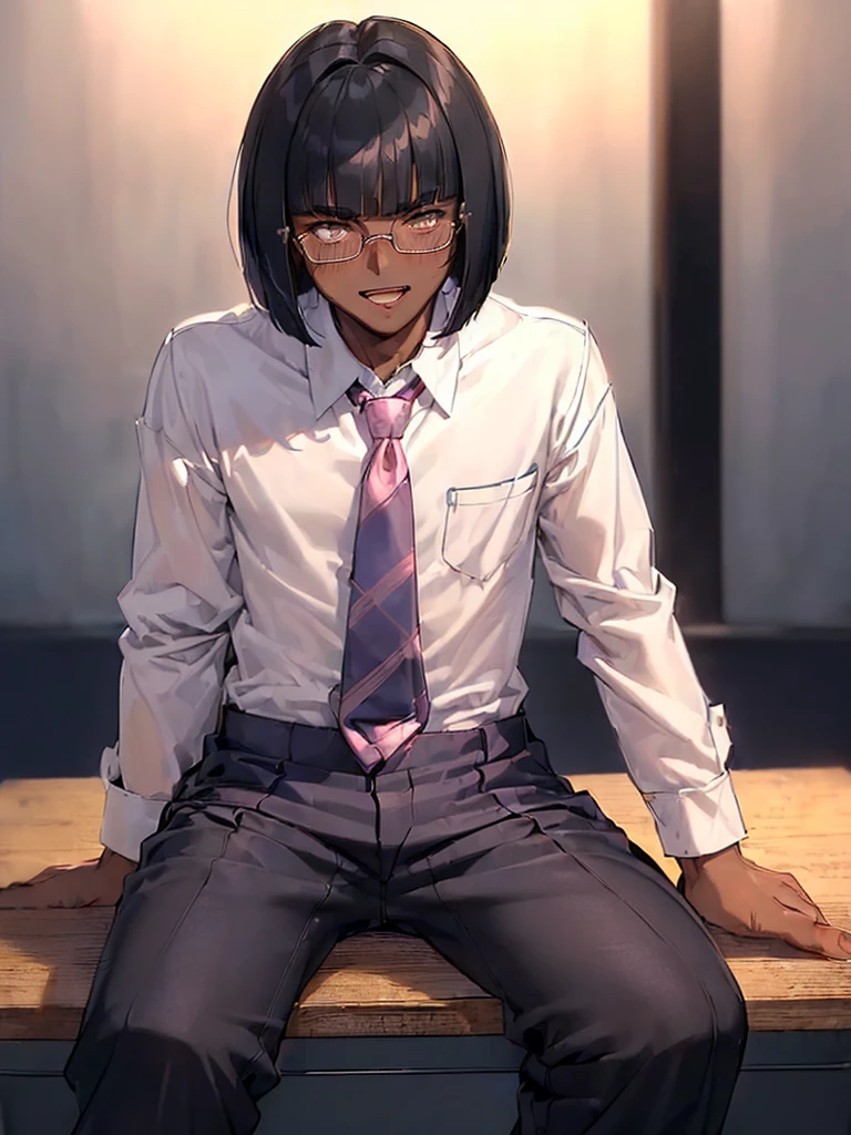 (1 feminine boy solo:1.7),(dark skin:1.5),(masterpiece:1.2), highest quality, High resolution, unity 8k wallpaper, (fine and beautiful eyes:1.6), highly detailed face, perfect lighting, Detailed CG, (perfect hands, perfect anatomy),20 years old, (black hair:1.3), detailed eyes, best quality, extremely detailed, very precise detailed, (glasses:1.4)white eyes, (blunt bangs:1.5), (open mouth:1.2), (bob hair:1.5), (evil smile:1.4), , (white eyes:1.5) ,long sidelocks, (blush:1.3),(sit on desk:1.3),(Put left knee in front:1.5),(boy's school uniform long pant:1.5),(loosen necktie:1.2),spread legs,bend knee,(open shirt:1.3),