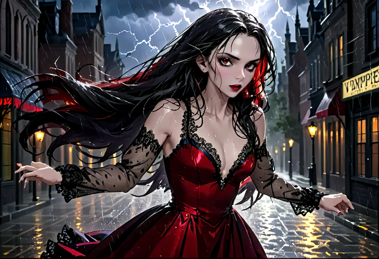 a female vampire (dancing: 1.3) in the rain during lightning storm, goth art, dark fantasy art, glamours (vampire: 1.5) model shot, RAW, award winning picture of a female vampire, dynamic hair color, dynamic hair style, pale skin, full body, busty woman, (most beautiful face: 1.3), (ultra detailed face: 1.2), long hair, wavy hair, pale skin, wearing lace dress, wet dress, dynamic color, dynamic style dress, (intense detailed dress: 1.3), wearing intricate high heels, light make up, modern day high society street in a (lightning: 1.3) storm heavy rain, sense of glorified sensation in the storm, (anatomically correct: 1.4), (full body shot: 1.1) , vibrant, Ultra-high resolution, High Contrast, (masterpiece:1.5), highest quality, Best aesthetics), best details, best quality, highres, ultra wide angle, 16k, [ultra detailed], masterpiece, best quality, (extremely detailed), Intense Gaze, goth person, dark person