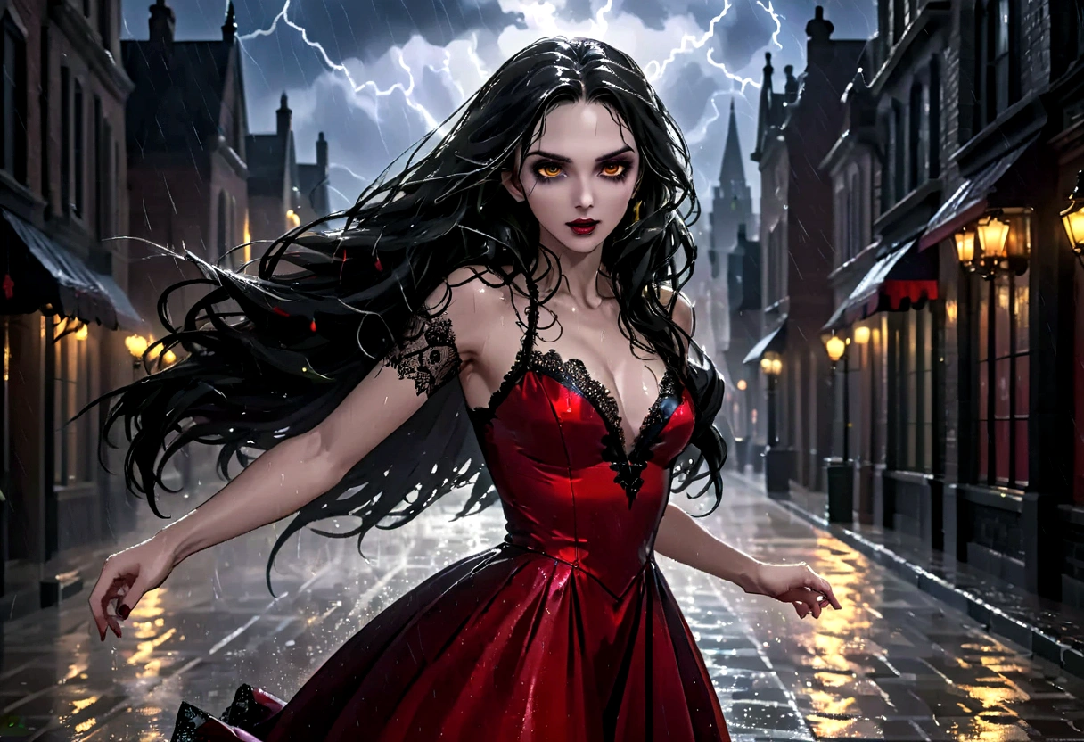 a female vampire (dancing: 1.3) in the rain during lightning storm, goth art, dark fantasy art, glamours (vampire: 1.5) model shot, RAW, award winning picture of a female vampire, dynamic hair color, dynamic hair style, pale skin, full body, busty woman, (most beautiful face: 1.3), (ultra detailed face: 1.2), long hair, wavy hair, pale skin, wearing lace dress, wet dress, dynamic color, dynamic style dress, (intense detailed dress: 1.3), wearing intricate high heels, light make up, modern day high society street in a (lightning: 1.3) storm heavy rain, sense of glorified sensation in the storm, (anatomically correct: 1.4), (full body shot: 1.1) , vibrant, Ultra-high resolution, High Contrast, (masterpiece:1.5), highest quality, Best aesthetics), best details, best quality, highres, ultra wide angle, 16k, [ultra detailed], masterpiece, best quality, (extremely detailed), Intense Gaze, goth person, dark person