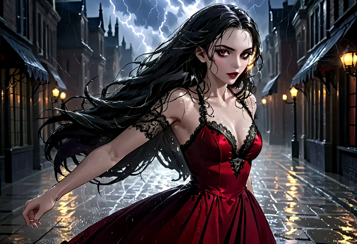 a female vampire (dancing: 1.3) in the rain during lightning storm, goth art, dark fantasy art, glamours (vampire: 1.5) model shot, RAW, award winning picture of a female vampire, dynamic hair color, dynamic hair style, pale skin, full body, busty woman, (most beautiful face: 1.3), (ultra detailed face: 1.2), long hair, wavy hair, pale skin, wearing lace dress, wet dress, dynamic color, dynamic style dress, (intense detailed dress: 1.3), wearing intricate high heels, light make up, modern day high society street in a (lightning: 1.3) storm heavy rain, sense of glorified sensation in the storm, (anatomically correct: 1.4), (full body shot: 1.1) , vibrant, Ultra-high resolution, High Contrast, (masterpiece:1.5), highest quality, Best aesthetics), best details, best quality, highres, ultra wide angle, 16k, [ultra detailed], masterpiece, best quality, (extremely detailed), Intense Gaze, goth person, dark person