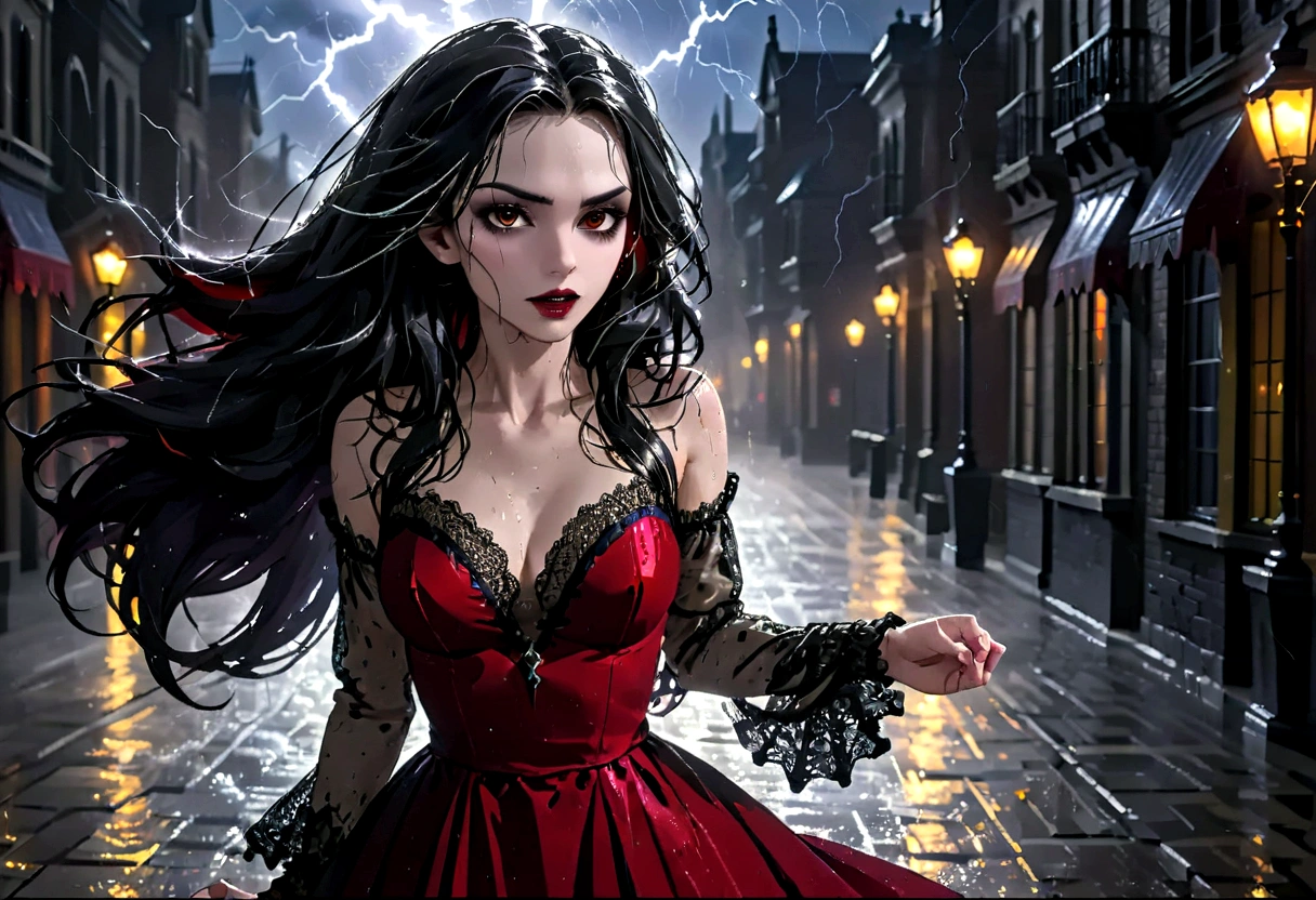 a female vampire (dancing: 1.3) in the rain during lightning storm, goth art, dark fantasy art, glamours (vampire: 1.5) model shot, RAW, award winning picture of a female vampire, dynamic hair color, dynamic hair style, pale skin, full body, busty woman, (most beautiful face: 1.3), (ultra detailed face: 1.2), long hair, wavy hair, pale skin, wearing lace dress, wet dress, dynamic color, dynamic style dress, (intense detailed dress: 1.3), wearing intricate high heels, light make up, modern day high society street in a (lightning: 1.3) storm heavy rain, sense of glorified sensation in the storm, (anatomically correct: 1.4), (full body shot: 1.1) , vibrant, Ultra-high resolution, High Contrast, (masterpiece:1.5), highest quality, Best aesthetics), best details, best quality, highres, ultra wide angle, 16k, [ultra detailed], masterpiece, best quality, (extremely detailed), Intense Gaze, goth person, dark person