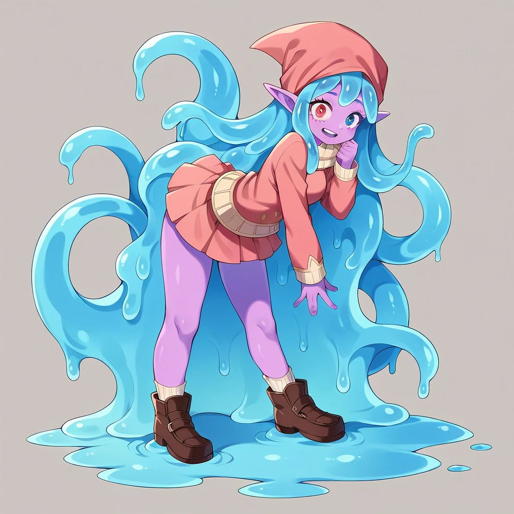 score_9, score_8_up, score_7_up, score_6_up, score_5_up, score_4_up, source_anime,1Girl, Opal is a slime girl, she has pointy elf ears, and short pink tentacle hair, she has pinkish purple skin covered in pink and blue slime, she has Heterochromia iridum, her left eye is pink, and her right eye is blue, Opal wears crop tops, and , she wears socks with ruffles on them, her shoes are black maryjanes, she wears a headscarf, she has fairy wings on her back that are just now sprouting out, the slime is shiny, and sticky, she can control it, as well as the tentacles in her hair at will. 4’9, . , my hero academia, tentacles, school, depth of field, LUT, detailed, beautiful, cute slime girl. My hero academia school, Tentacle tail, Full body shot, , curvy.  Tentacles. Tentacle hair. 
