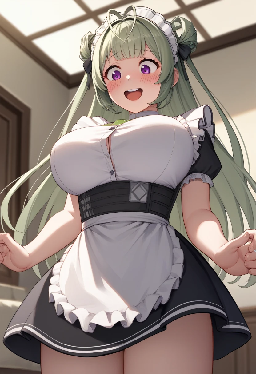 score_9, score_8_up, score_7_up, source_anime, BREAK 1girl, sdrnd, purple eyes, green hair, long hair, bangs, double bun, antenna hair, big breasts, blush, open mouth, smile, shy, embarrassed, smile, open mouth, , maid, mansion, room, looking down, from bellow