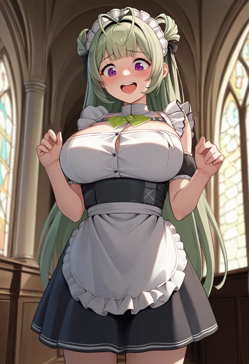 score_9, score_8_up, score_7_up, source_anime, BREAK 1girl, sdrnd, purple eyes, green hair, long hair, bangs, double bun, antenna hair, big breasts, blush, open mouth, smile, shy, embarrassed, smile, open mouth, , maid, mansion, room, looking down, from bellow