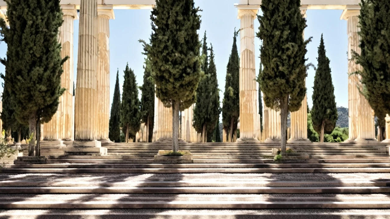 Créer une bannière, representant un temple grec moderne, le soleil, des oliviers autours, l'atome. La bannière doit être élégante et significative. L'Harmonie est importante.