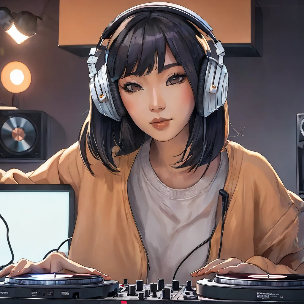 Japanese woman, bob haircut, DJing, headphones, turntable, room, alone, cozy, lights, music, energetic, focused, modern, stylish, casual outfit, Frontal angle of view