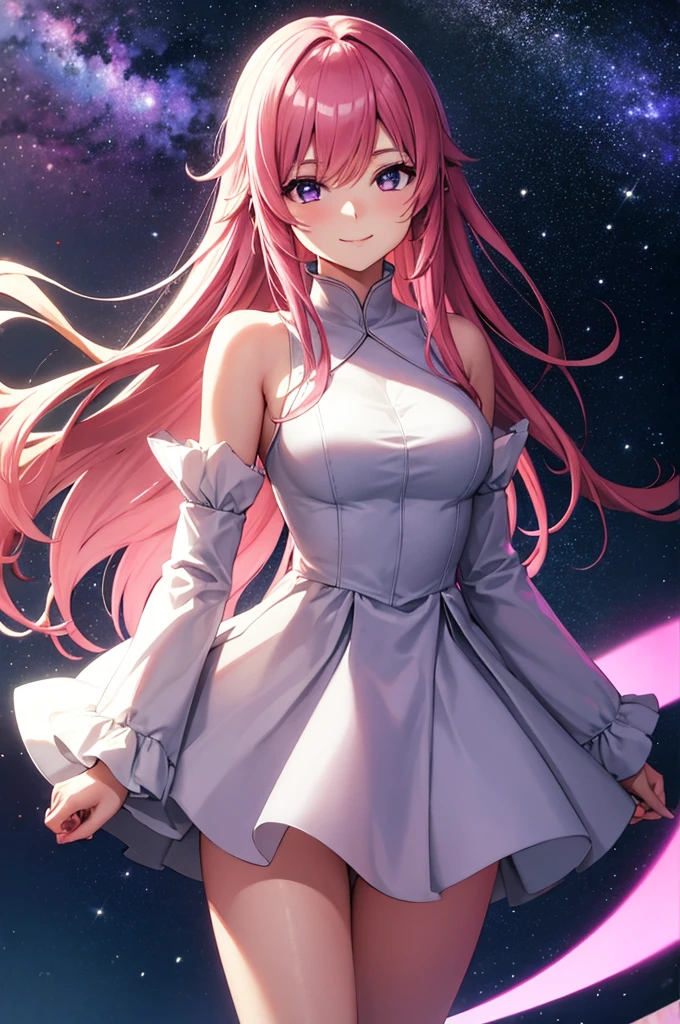 (masterpiece:1.3), (best quality:1.1), (8k, ultra detailed, ultra high res:1.2), ((anime style)), perfect 5 fingers, perfect anatomy, 1girl,
BREAK long hair, pink hair, medium breasts, purple eyes, (smile), 
BREAK white dress, long sleeves, frilled skirt, frilled sleeves, detached sleeves, bare shoulders, purple skirt,
looking at viewer, smile, standing, 
cowboy shot, perfect light, 
BREAK (detailed background:1.2), outdoor, outside, space, sun, star, the cosmos, galaxy, 