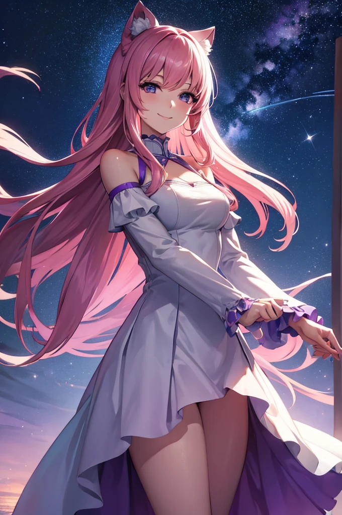 (masterpiece:1.3), (best quality:1.1), (8k, ultra detailed, ultra high res:1.2), ((anime style)), perfect 5 fingers, perfect anatomy, 1girl,
BREAK long hair, pink hair, medium breasts, purple eyes, (smile),
BREAK white dress, long sleeves, frilled skirt, frilled sleeves, detached sleeves, bare shoulders, purple skirt,
looking at viewer, smile, standing,
cowboy shot, perfect light,
BREAK (detailed background:1.2), outdoor, outside, space, sun, star, the cosmos, galaxy,