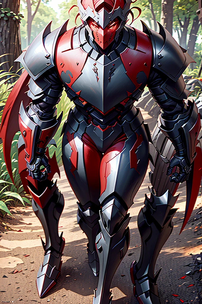 A man in armor with red and black hair, black armour e vermelha, demonic dragon inspired armor, black fire colored reflected armor, concept armor, dark soul armor concept, black and red reflected armor, white and red armor, demonic armor, very stylish fantasy armor, black armour, blood red armor, Marvel superhero style, 8K, best qualityer, appears in the full body image from head to toe, she is walking in the forest.
