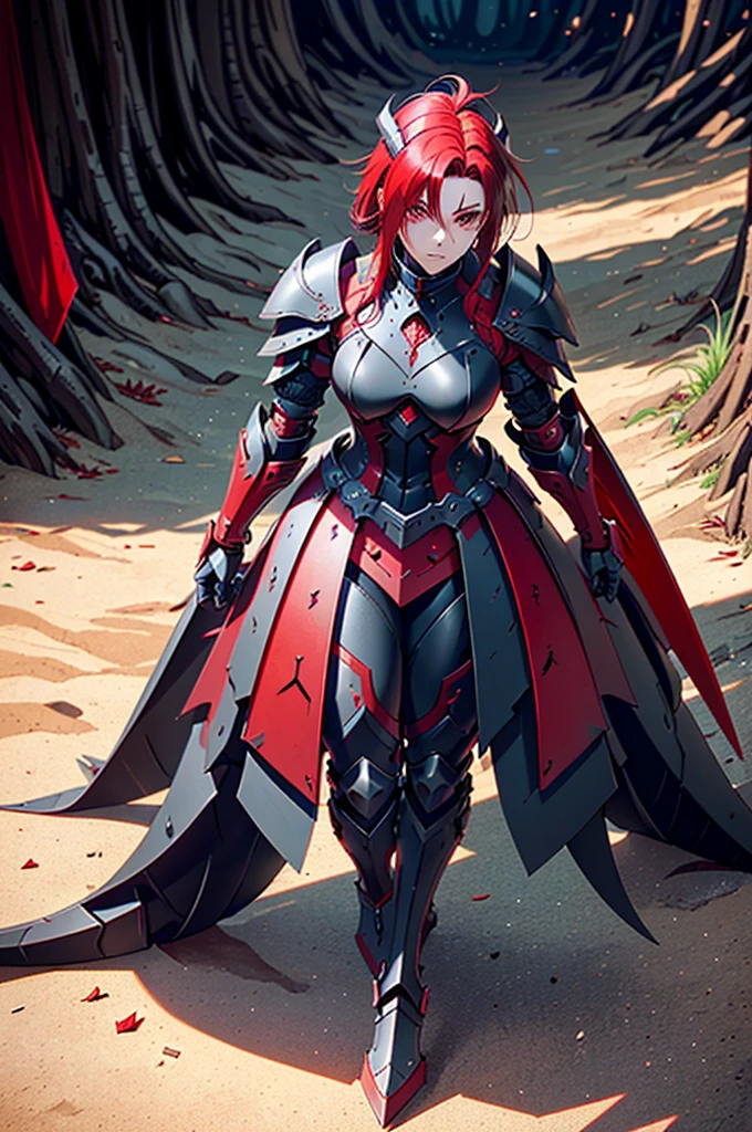 A man in armor with red and black hair, black armour e vermelha, demonic dragon inspired armor, black fire colored reflected armor, concept armor, dark soul armor concept, black and red reflected armor, white and red armor, demonic armor, very stylish fantasy armor, black armour, blood red armor, Marvel superhero style, 8K, best qualityer, appears in the full body image from head to toe, she is walking in the forest.