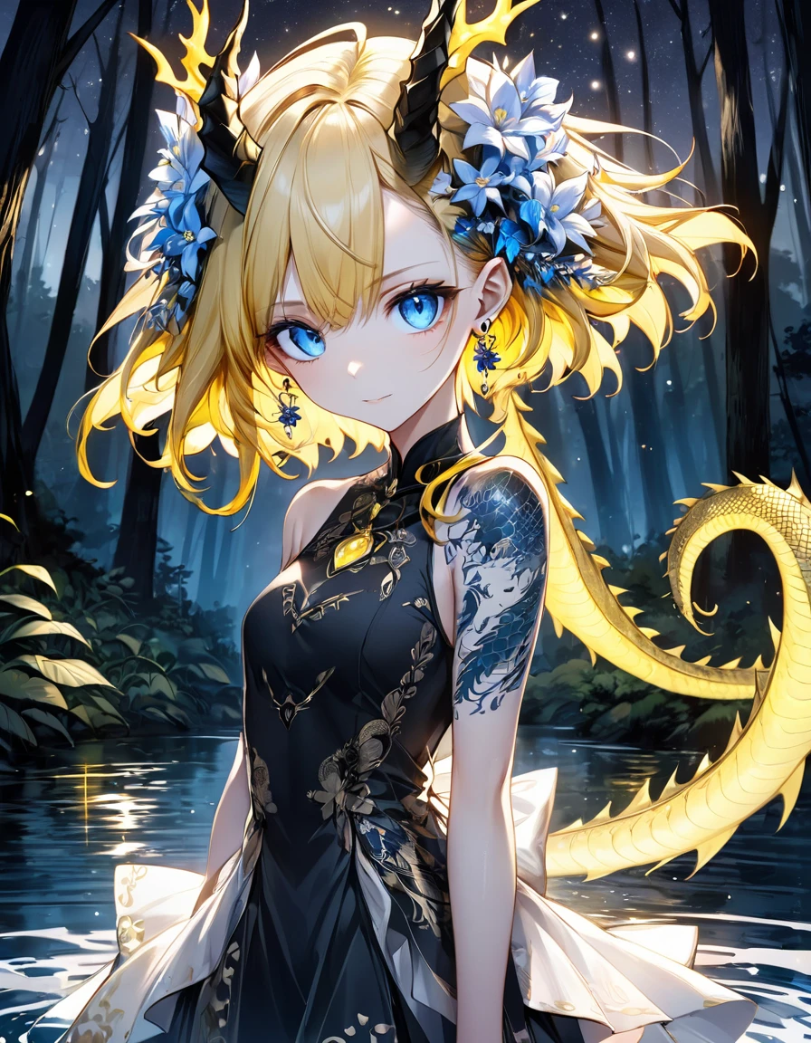 Girl, repicado espalhado raspado baixo molhado com gel black yelow hair, dragon horns, hair diamond , blue eyes, fair skin, smooth, metal earrings, patterned Nordic evil face + tatuagem de estrela em volta dos olhos, head raised, elegant standing, stunning beauty, pure perfection, night, On the water, half body, forest, depth of field, glowing flowers and plants, staring at the camera, two-dimensional desenho a lápis 8b giz de cera em grafite perfeito riscos fortes indos style
