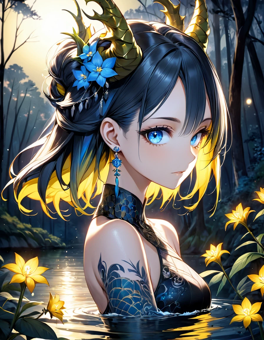 Girl, repicado espalhado raspado baixo molhado com gel black yelow hair, dragon horns, hair diamond , blue eyes, fair skin, smooth, metal earrings, patterned Nordic evil face + tatuagem de estrela em volta dos olhos, head raised, elegant standing, stunning beauty, pure perfection, night, On the water, half body, forest, depth of field, glowing flowers and plants, staring at the camera, two-dimensional desenho a lápis 8b giz de cera em grafite perfeito riscos fortes indos style