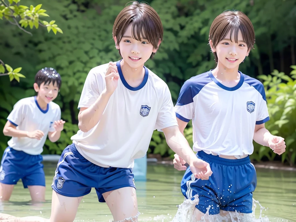In the forest、Swimming in the river、Cool and refreshing water、Cute boy、Popular actors、10Year old boy、The boys are playing、Get wet all over、Noisy boys、Splashing Water、Boy in gym clothes、The bottom of the white T-shirt is blue、Blue shorts、Japanese、(Boy 1.4)