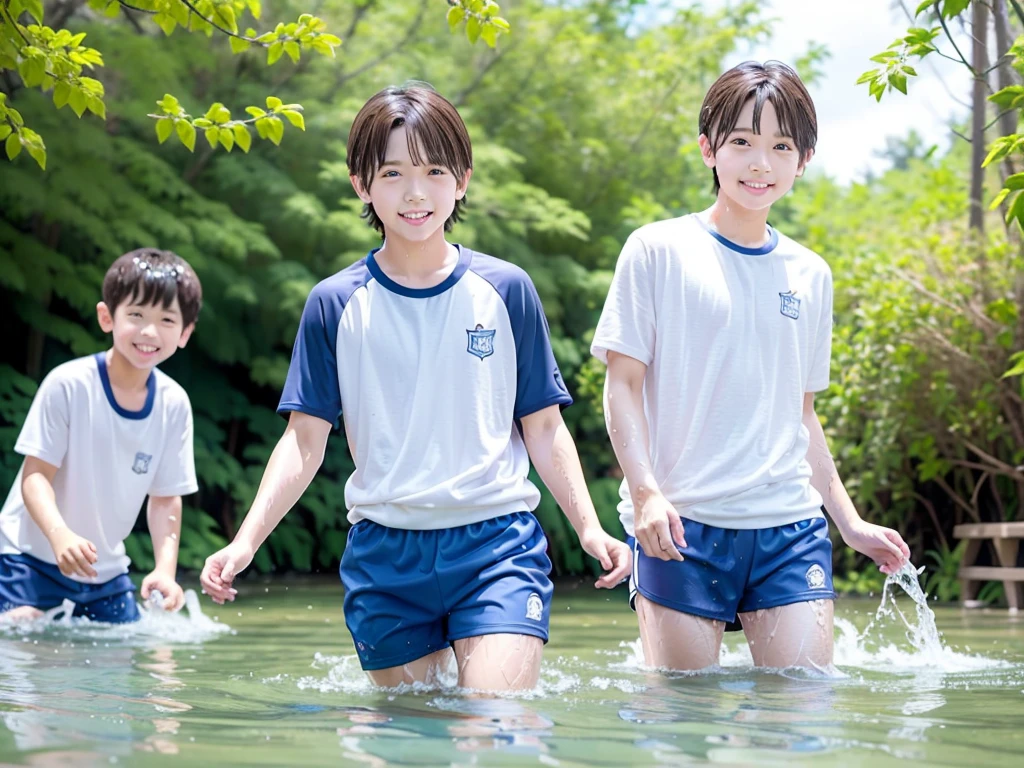 In the forest、Swimming in the river、Cool and refreshing water、Cute boy、Popular actors、10Year old boy、The boys are playing、Get wet all over、Noisy boys、Splashing Water、Boy in gym clothes、The bottom of the white T-shirt is blue、Blue shorts、Japanese、(Boy 1.4)