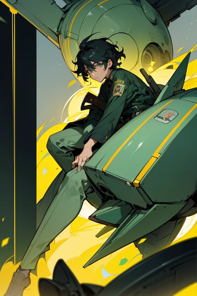 Theo - Young, Lost, Determined Mecha Pilot of Silver Guards, who will blaze through any barriers to reach his desired purpose. The disease was slowly consuming him, leaving small trails of green cracks around his skin after the mecha use, but he was sure that he'll break through this problem, eventually. He just needs a bit of time... Right now, he's hiding in the modern Japan, living on the streets, trying to think out how to act now. He's a young teenager in his 20's, high and a bit skinny, curly black hair with glowing green eyes under them. He's usually dressed in a dark green shirt that a bit oversized in length, black pants with small silver accessories on them, and green-black patterned sneakers with a white sole, when he's not using his mecha armour. On the right sleeve of the shirt Theo wears a small badge for clothings, designed like a knight helmet in futuristic style, in silver green patterned colours, as small green flames circling around it. The art should contain the background of Japan metropolis streets.