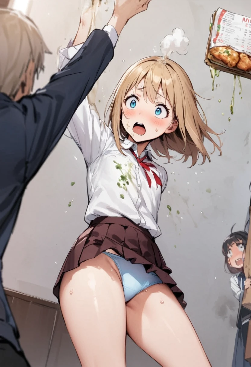 学校のJobで、Vomit、Job、Girl、Girl、Short、Younger、Baby Face、flat chest、Dynamic Angle、masterpiece、best quality、ultra-detail、Both eyes open、Sweat、Light clothing、School lunch menu、meal、classmate、Vomit、Wide-eyed、Open your mouth、Vomiting、Vomit、mini skirt、Panties