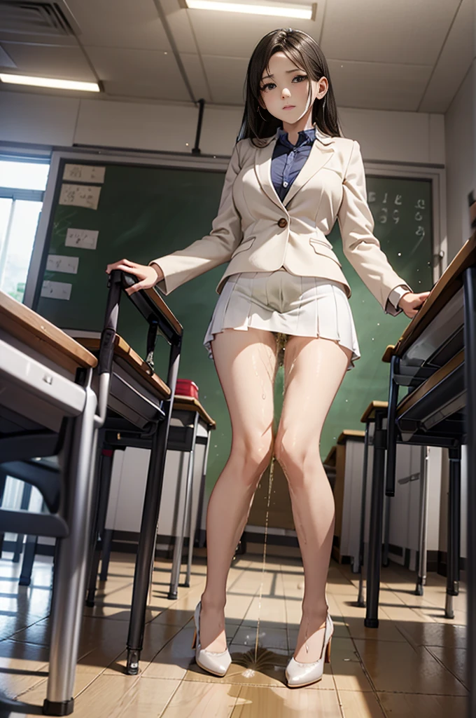 Female student teacher urinates in front of students、Urinary incontinence、peeing herself、A lot of pee、From below、White Suit、White Mini Skirt、High heels、Perfect figure、Extremely beautiful、classroom、Standing upright and peeing、Steam rising from the pee、Embarrassed、Being mocked by students