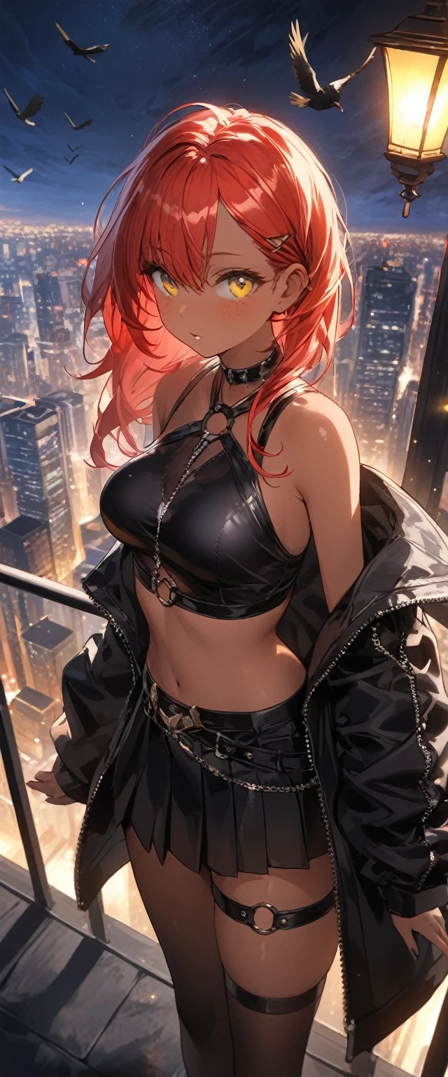 table top, highest quality,figure, wallpaper, Super detailed, absurd, 1 girl, alone, back to viewer ( short red hair, tan skin, freckles, yellow eyes), detailed and beautiful eyes , (street:1.3), hair blowing in the wind,(panoramic view:1.3),(sense of depth:1.5),(long shot:1.3) girl standing on balcony looking at the city at night, wearing open sexy clothes, black skirt, Black stockings, oversized jacket, chest harness, black shirt, crop top, skirt, Shoes, O-Ring, midriff, off shoulder, medium breasts, thigh strap, pleated skirt (skirt blowing in the wind) looking up at the sky, (Birds Eye view)
