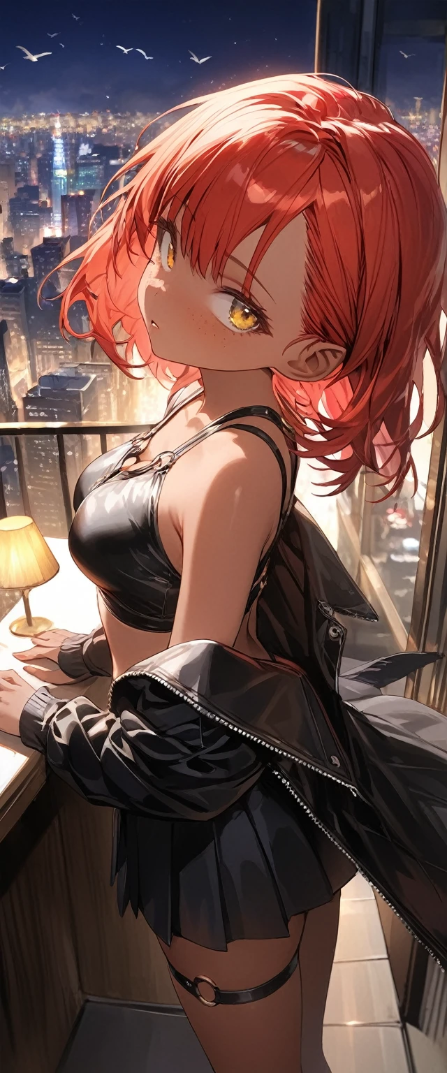 table top, highest quality,figure, wallpaper, Super detailed, absurd, 1 girl, alone, back to viewer ( short red hair, tan skin, freckles, yellow eyes), detailed and beautiful eyes , (street:1.3), hair blowing in the wind,(panoramic view:1.3),(sense of depth:1.5),(long shot:1.3) girl standing on balcony looking at the city at night, wearing open sexy clothes, black skirt, Black stockings, oversized jacket, chest harness, black shirt, crop top, skirt, Shoes, O-Ring, midriff, off shoulder, medium breasts, thigh strap, pleated skirt (skirt blowing in the wind) looking up at the sky, (Birds Eye view)