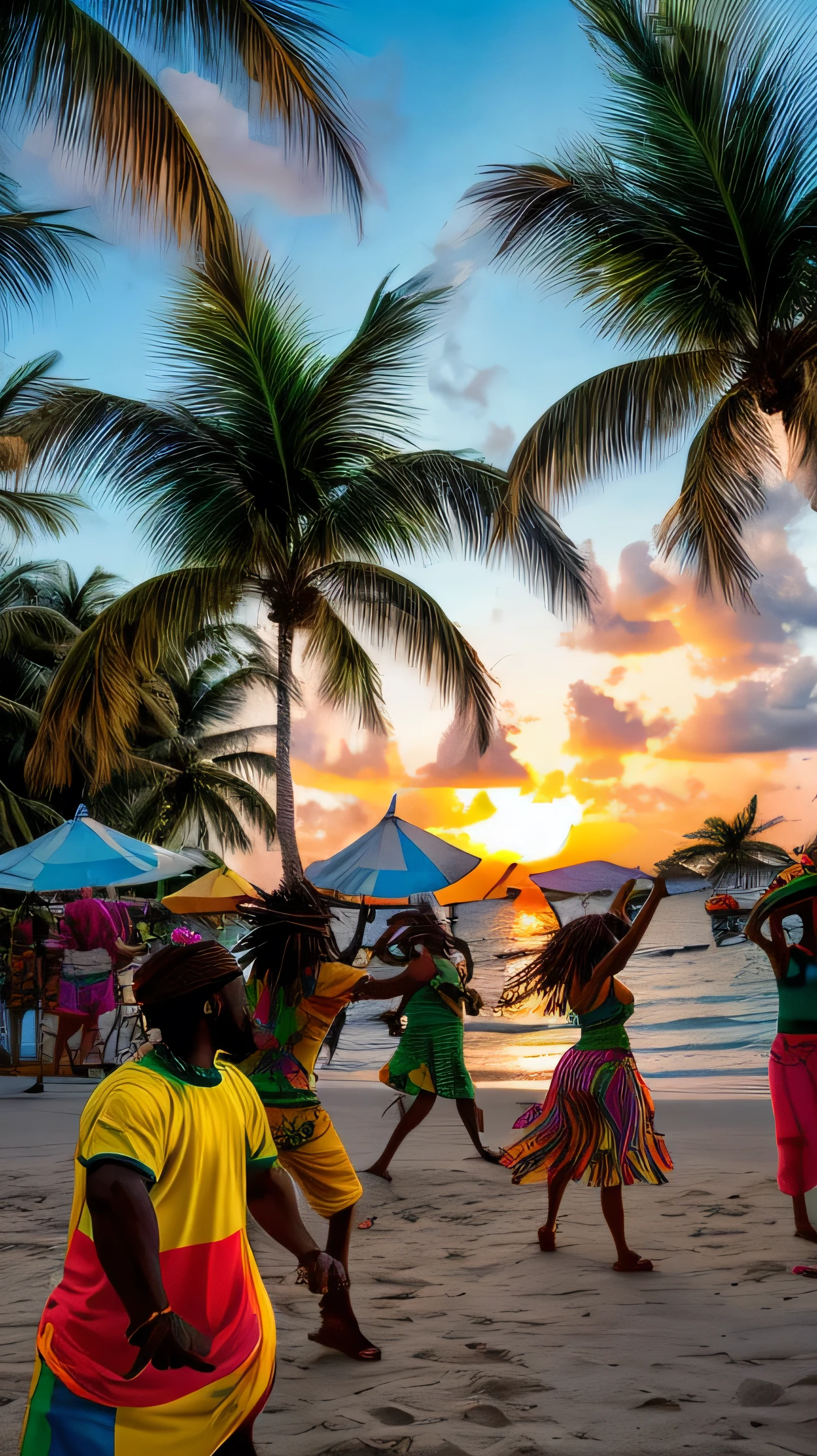 「Imagine a Caribbean sunset under palm trees., With a reggae band playing. People dancing to music々Shooting, Brightly dressed Rastafarian style. Depict the ocean breeze blowing through, Create a fun atmosphere.