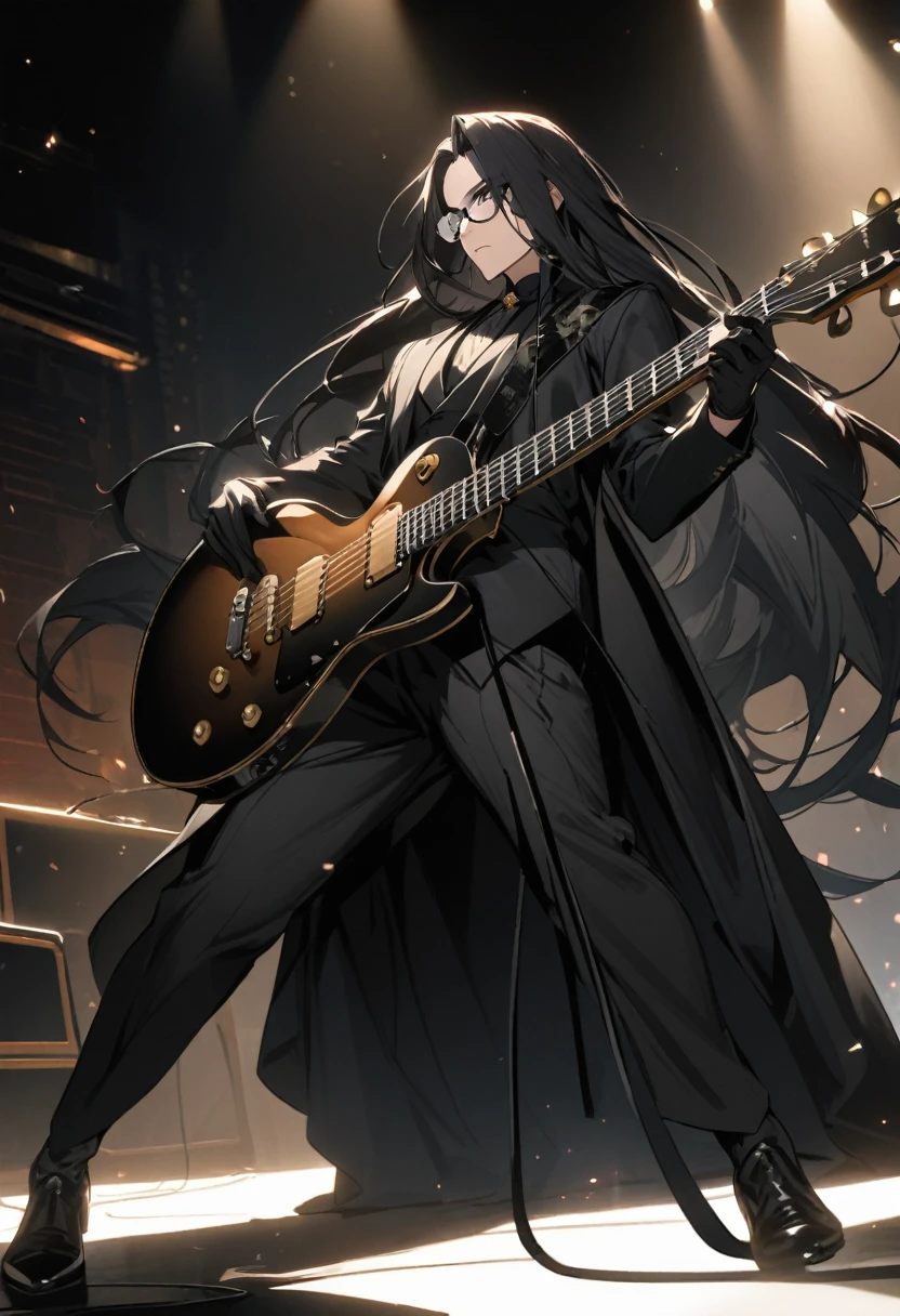 man, long hair, black fur, black eyes, elegant, big glasses, guitar