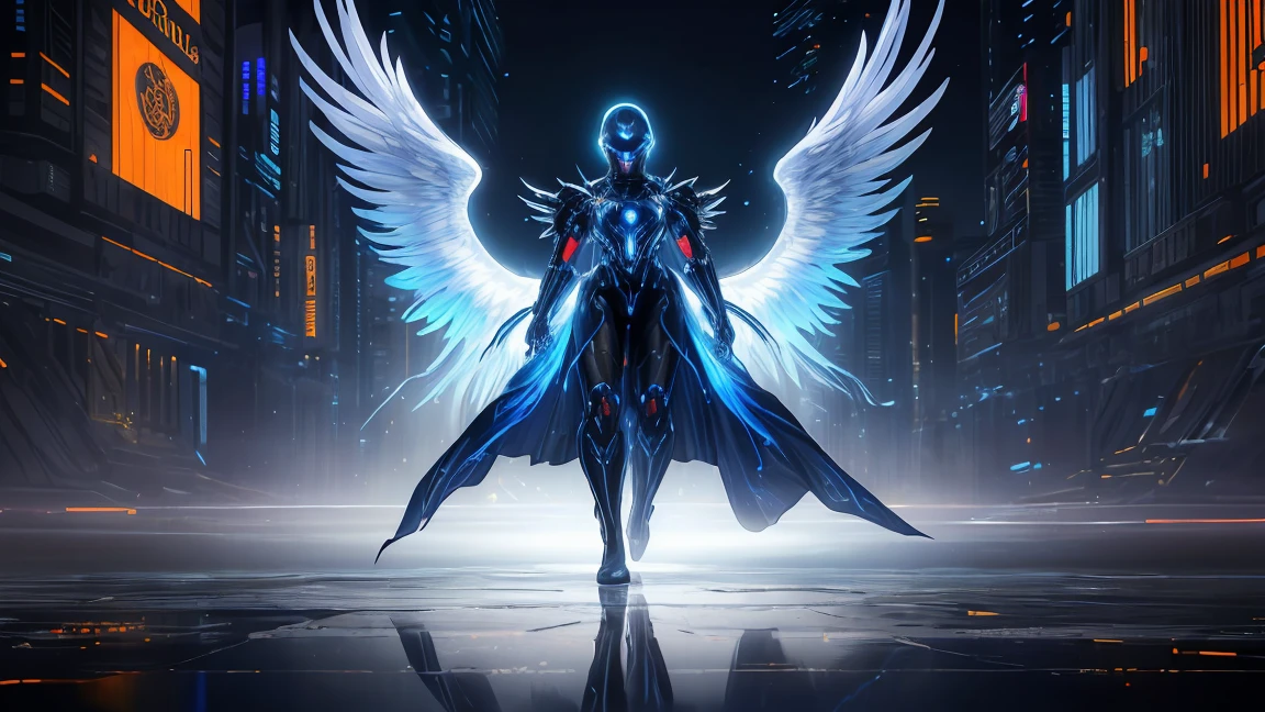 ((masterpiece, Highest quality, Best image quality, High resolution、8k)) An angel in the center of the screen、Glowing white wings、Aether Robe、Glowing blue eyes and advanced cybernetic enhancements. Seen in dynamic action poses, reflection on a smooth surface. The cityscape below is filled with towering skyscrapers., illuminated by colorful holographic advertisements, Shining with blue energy, Mighty power. The overall atmosphere is dark and mysterious., It had a futuristic techno vibe.. The lighting is dramatic, Intense highlights and deep shadows, Creates depth and tension