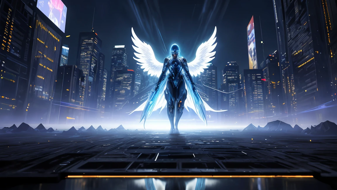 ((masterpiece, Highest quality, Best image quality, High resolution、８ｋ)) An angel in the center of the screen、Glowing white wings、Aether Robe、Glowing blue eyes and advanced cybernetic enhancements. Seen in dynamic action poses, reflection on a smooth surface. The cityscape below is filled with towering skyscrapers., illuminated by colorful holographic advertisements, Shining with blue energy, Mighty power. The overall atmosphere is dark and mysterious., It had a futuristic techno vibe.. The lighting is dramatic, Intense highlights and deep shadows, Creates depth and tension
