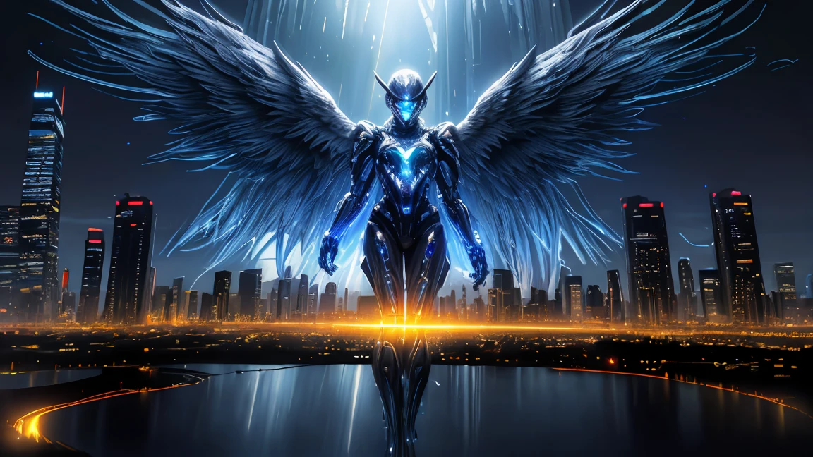 ((masterpiece, Highest quality, Best image quality, High resolution、8k)) An angel in the center of the screen、Glowing white wings、Aether Robe、Glowing blue eyes and advanced cybernetic enhancements. Seen in dynamic action poses, reflection on a smooth surface. The cityscape below is filled with towering skyscrapers., illuminated by colorful holographic advertisements, Shining with blue energy, Mighty power. The overall atmosphere is dark and mysterious., It had a futuristic techno vibe.. The lighting is dramatic, Intense highlights and deep shadows, Creates depth and tension