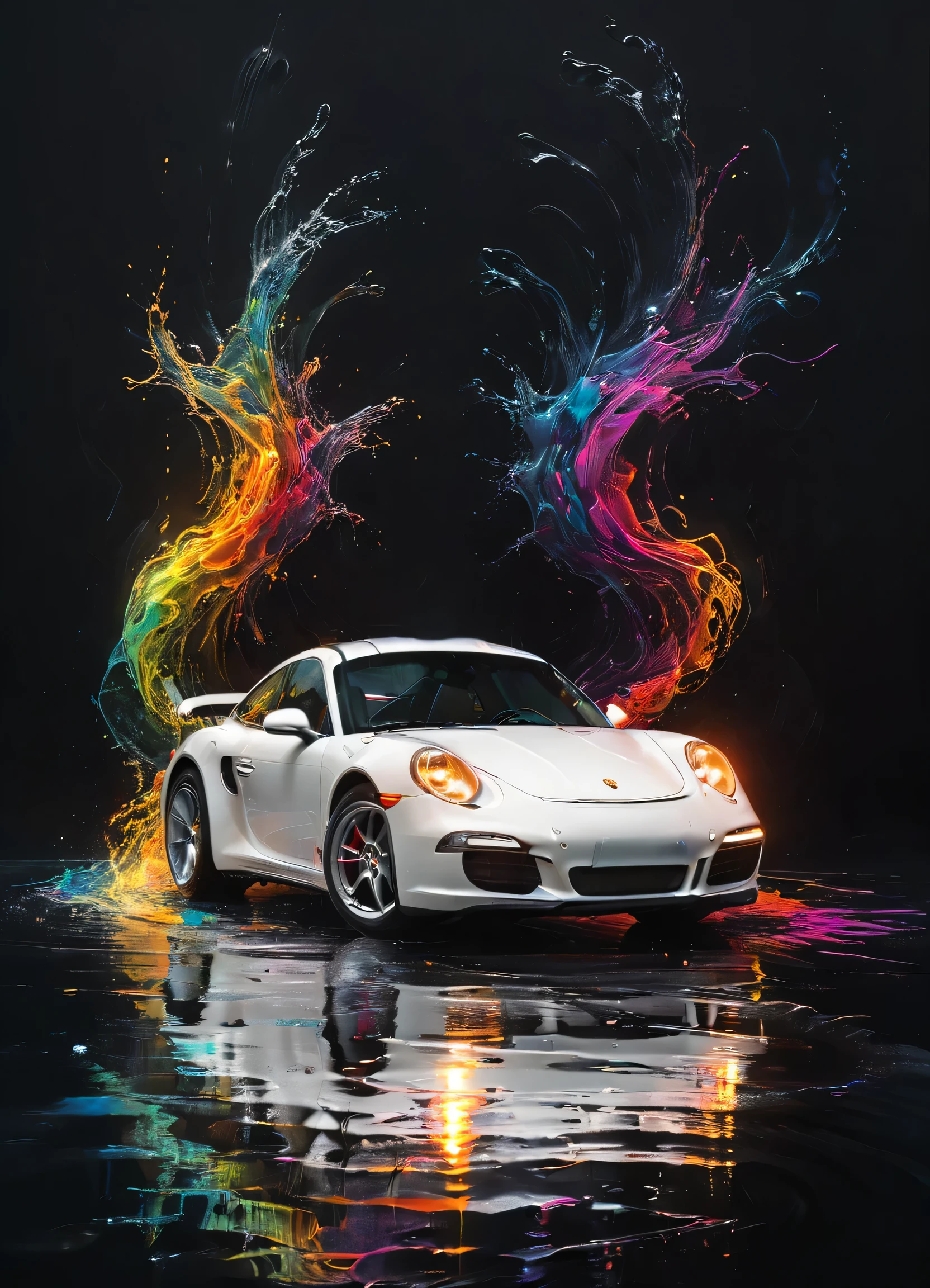 internal, a white porche car parked, simplistic, black room, lights, highy detailed, cinematic, colorfully, sneezing, reflections, water, energy, flowy, ripples, engraved, fogo Artme, black backdrop