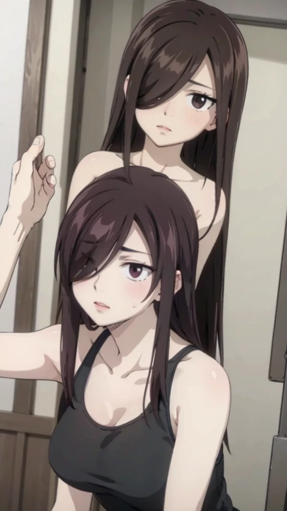 Cute mommy,busty mature women,plump, chubby, fat,realistic skin, tanktop see through nipple,realistic , saggy ,  out,muted colours, cold lighting, pale white skin, mature women,black hair, long hair, (hair over one eye:1.4), Messy hair,straight hair,hair between eyes ,sleepy eyes ,beautiful,pucker lips,smeared lipstick,charm,pubic hair pussy,dense pubic hair, cute shy blush on 