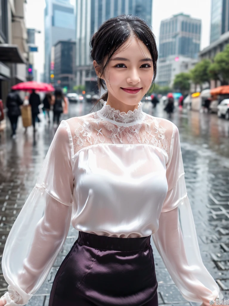 ((best quality, 8K, masterpiece: 1.3)),upper body,Black Hair, black eye,sharp focus: 1.2, beautiful woman with a perfect body: 1.4, ((ponytail, large: 1.2)), (small and beautiful hard (White long sleeve blouse with lace、Silk Tight darkmagenta long skirt), (wet from rain: 1.2), (rain, street: 1.2), wet body: 1.1, Highly detailed face and skin texture, detailed eyes, double eyelids, White skin,,E cup,smile,Financial district of the big city,Skyscraper,White skin,Wet Hair、Wet Skin、Wet clothes、smile、 
