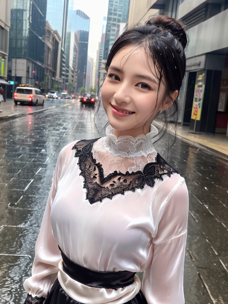 ((best quality, 8K, masterpiece: 1.3)),upper body,Black Hair, black eye,sharp focus: 1.2, beautiful woman with a perfect body: 1.4, ((ponytail, large: 1.2)), (small and beautiful hard (White long sleeve blouse with lace、Silk Tight darkmagenta long skirt), (wet from rain: 1.2), (rain, street: 1.2), wet body: 1.1, Highly detailed face and skin texture, detailed eyes, double eyelids, White skin,,E cup,smile,Financial district of the big city,Skyscraper,White skin,Wet Hair、Wet Skin、Wet clothes、smile、 