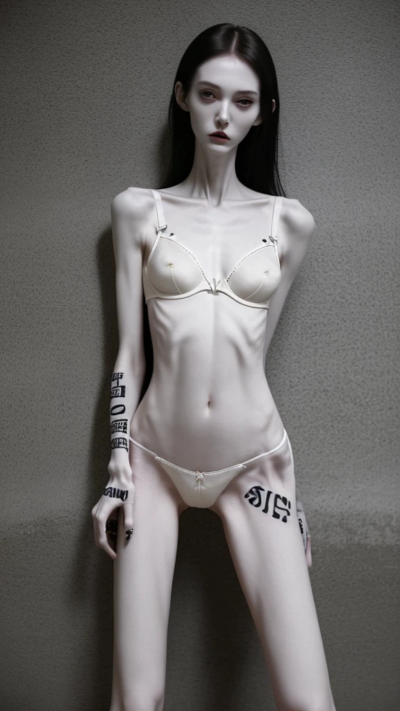 a woman, very thin body, body visible bones, very slender, pale white skin, panties, bra,tatto, full body, has a mental breakdown in an underground prison.