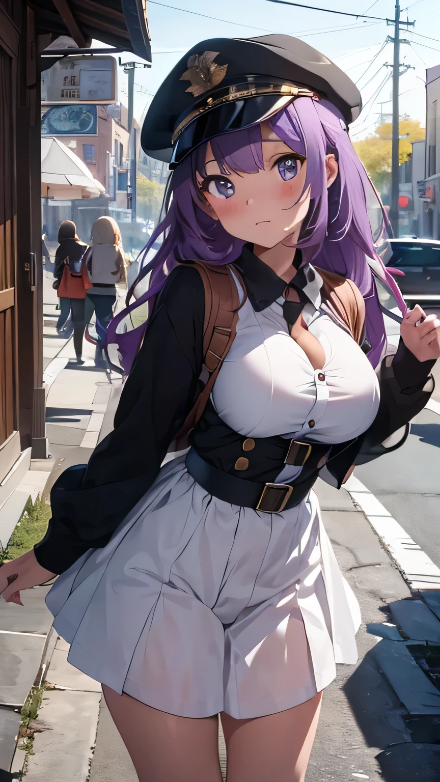 Masterpiece,Highest quality,Very detailed,8K CG,Browsing Caution,Shoot the upper body,(Body facing forward:1.1),One girl,Are standing,View your viewers,(white marching band costumes,West Point Hat),Open clothes,break,blush,shy,Ecstasy face,Out of breath,(trembling:1.2),Light purple hair,Open your mouth,Large Breasts,(In town),