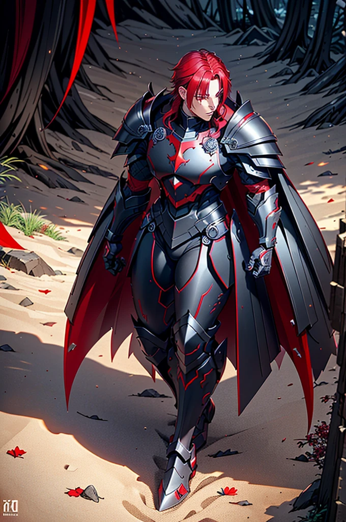 A man in armor with red and black hair, black armour e vermelha, demonic dragon inspired armor, black fire colored reflected armor, concept armor, dark soul armor concept, black and red reflected armor, white and red armor, demonic armor, very stylish fantasy armor, black armour, blood red armor, Marvel superhero style, 8K, best qualityer, appears in the full body image from head to toe, she is walking in the forest.