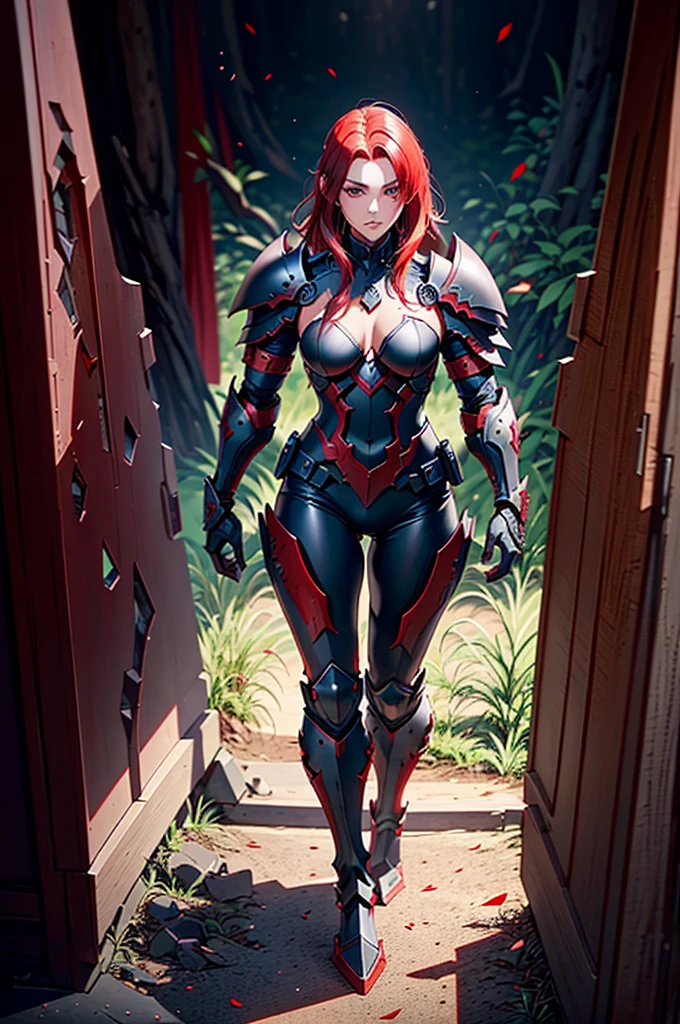 A man in armor with red and black hair, black armour e vermelha, demonic dragon inspired armor, black fire colored reflected armor, concept armor, dark soul armor concept, black and red reflected armor, white and red armor, demonic armor, very stylish fantasy armor, black armour, blood red armor, Marvel superhero style, 8K, best qualityer, appears in the full body image from head to toe, she is walking in the forest.