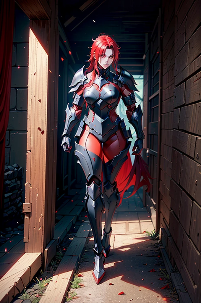 A man in armor with red and black hair, black armour e vermelha, demonic dragon inspired armor, black fire colored reflected armor, concept armor, dark soul armor concept, black and red reflected armor, white and red armor, demonic armor, very stylish fantasy armor, black armour, blood red armor, Marvel superhero style, 8K, best qualityer, appears in the full body image from head to toe, she is walking in the forest.