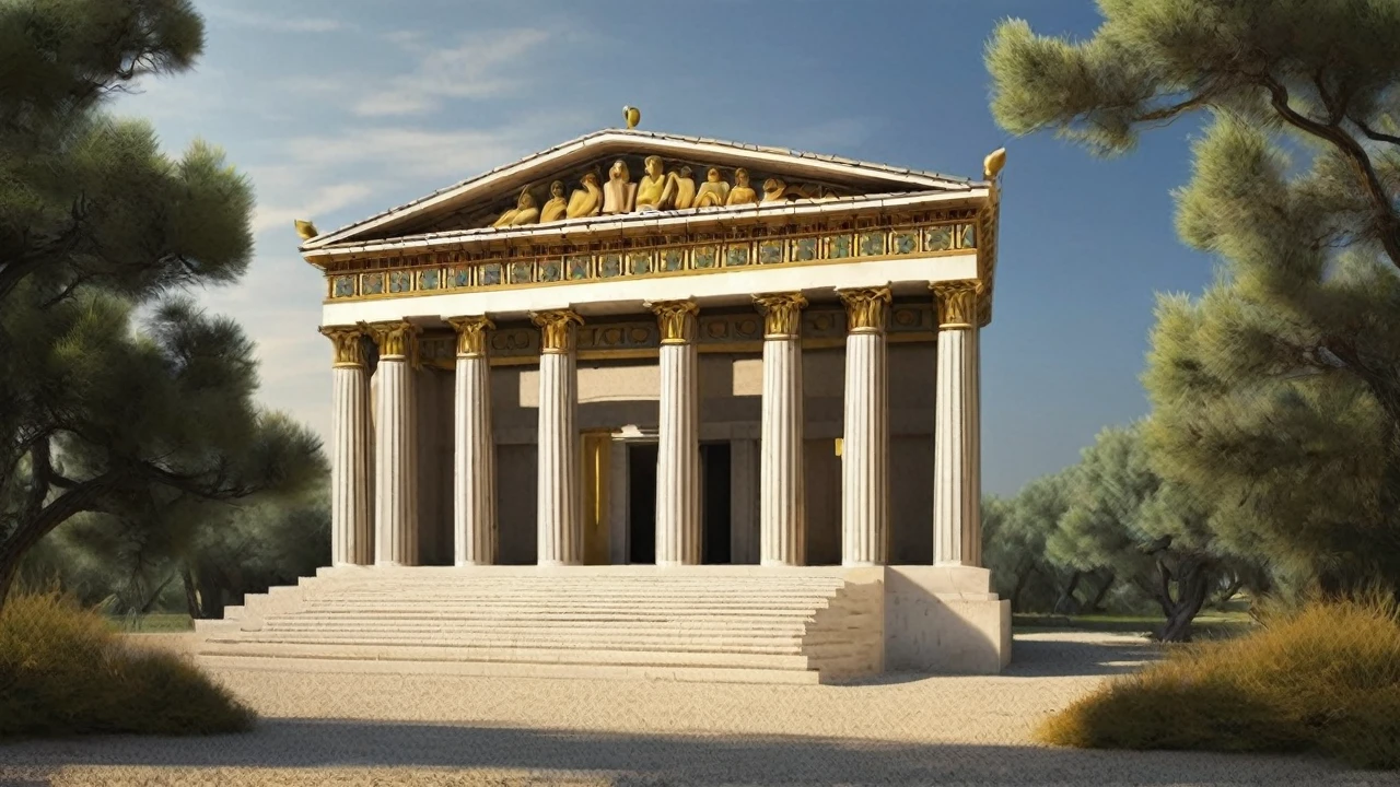 Créer une bannière, representant un temple grec moderne, le soleil, des oliviers autours, l'atome. La bannière doit être élégante et significative. L'Harmonie est importante.