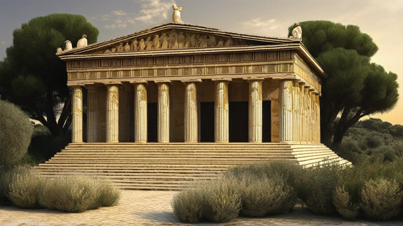 Créer une bannière, representant un temple grec moderne, le soleil, des oliviers autours, l'atome. La bannière doit être élégante et significative. L'Harmonie est importante.