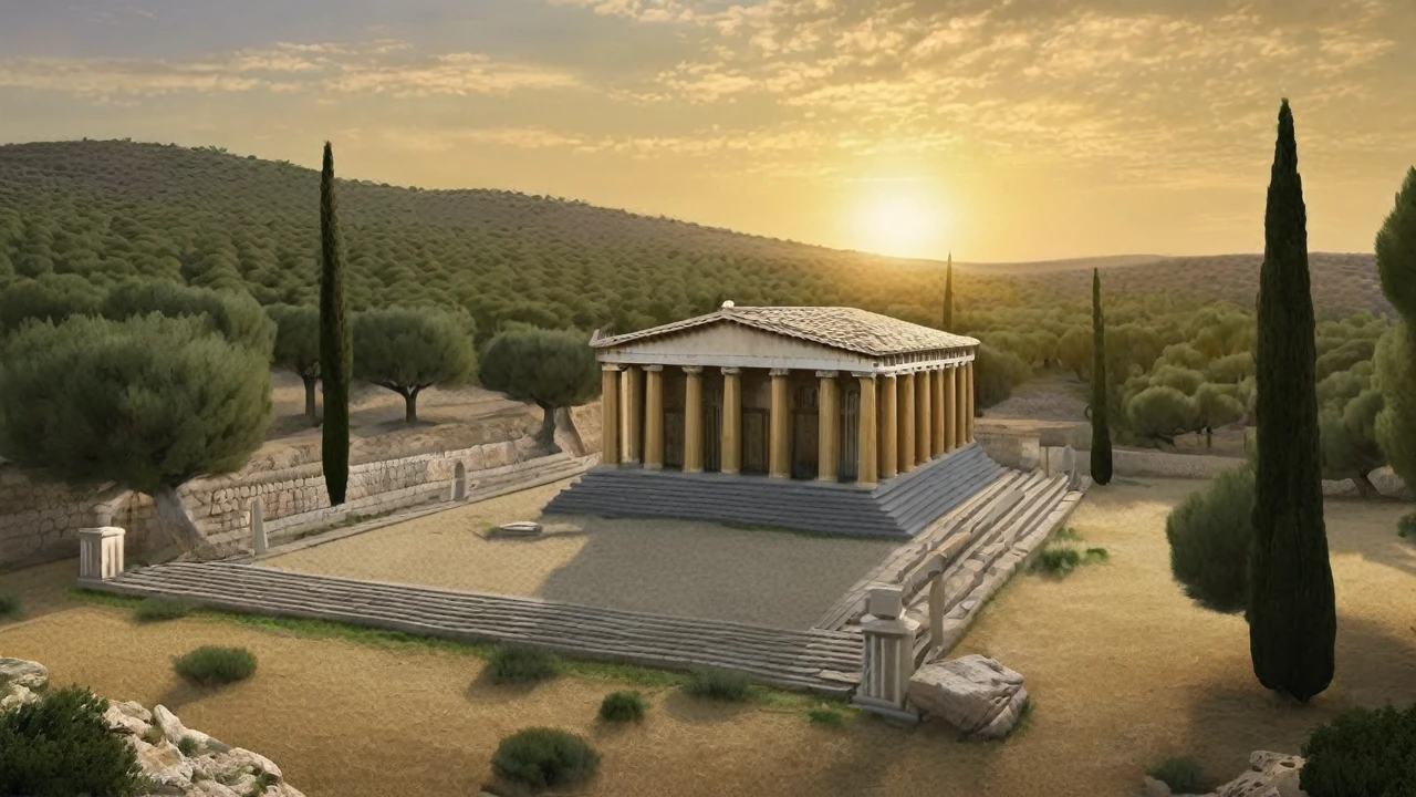 Créer une bannière, representant un temple grec moderne, le soleil, des oliviers autours, l'atome. La bannière doit être élégante et significative. L'Harmonie est importante.