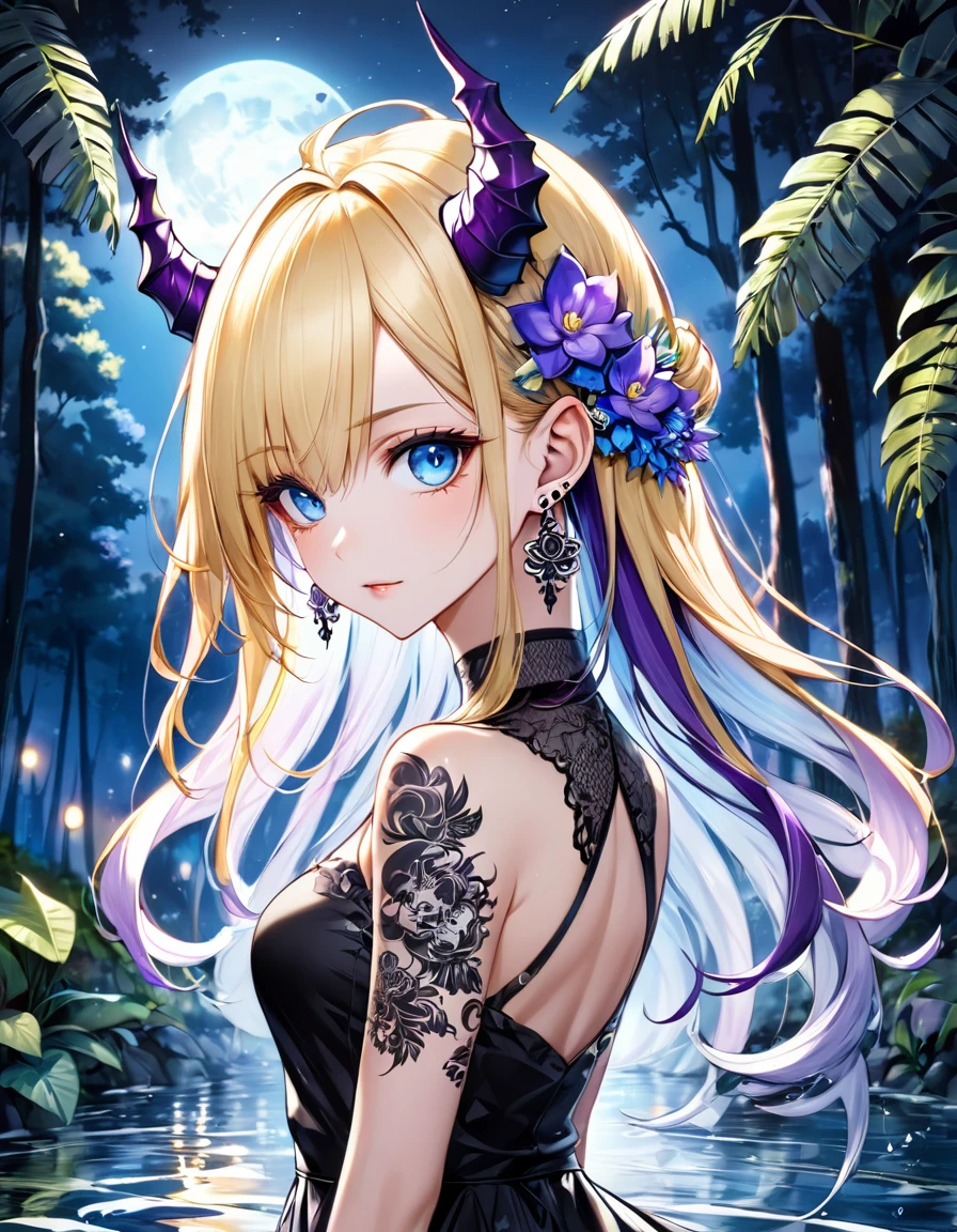 Girl, moicano raspado baixo molhado com gel blonde purple hair, dragon horns, hair diamond , blue eyes, fair skin, smooth, metal earrings, patterned Nordic evil face + tatuagem de caveira em volta dos olhos, head raised, elegant standing, stunning beauty, pure perfection, night, On the water, half body, forest, depth of field, glowing flowers and plants, staring at the camera, two-dimensional desenho a lápis 8b giz de cera em grafite perfeito riscos fortes indos style