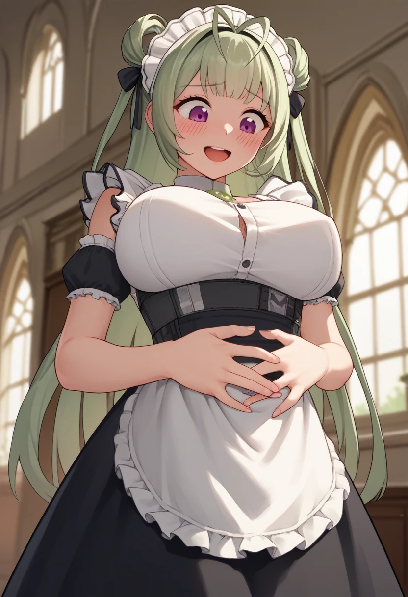 score_9, score_8_up, score_7_up, source_anime, BREAK 1girl, sdrnd, purple eyes, green hair, long hair, bangs, double bun, antenna hair, big breasts, blush, , smile, shy, embarrassed, smile, open mouth, , maid, mansion, room, looking down, from bellow, seductive smile, hands on stomach, hands on own stomach