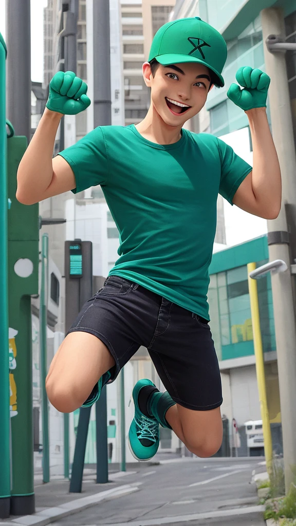 A man with big smile wearing teal green cap, and teal green t-shirt that writed "RUMAH ANDROID", black jeans, black shoes, crossing hand, 3d design character, body gesture happy, hands up jumping