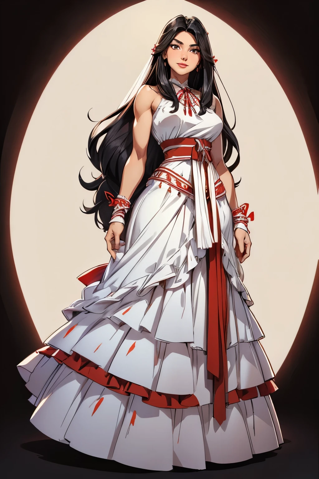 a ((native american woman)). She wears a fluffy white wedding dress with layered skirts and red ribbons. 1woman , curvy, slim waist. ((black hair)), long hair, tanned skin, brown eyes. (detailed eyes, detailed face), smile, red lips. Square jaw, high cheekbones, strong jaw line. Show her standing near a shadowy pond.