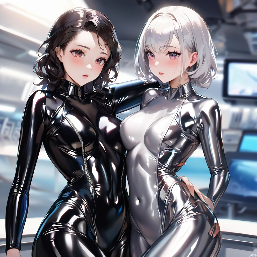 a woman in a wetsuit, posing for a photograph, perfect android girl, shiny latex, futuristic glossy latex suit, wear latex, Latex dress, wear a black latex suit, cute girl in a vest, latex outfits, cute cyborg girl, Photorealistic ideal body, shiny black dress, beautiful white cyborg girl, tight outfit, wrap glossy leather, lesbian, girl kisses girl, девушку поглощает костюм из черного металла