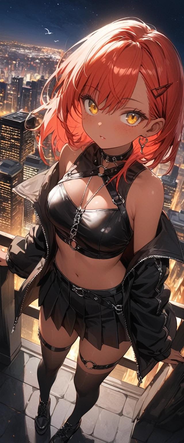 table top, highest quality,figure, wallpaper, Super detailed, absurd, 1 girl, alone, back to viewer ( short red hair, tan skin, freckles, yellow eyes), detailed and beautiful eyes , (street:1.3), hair blowing in the wind,(panoramic view:1.3),(sense of depth:1.5),(long shot:1.3) girl standing on balcony looking at the city at night, wearing open sexy clothes, black skirt, Black stockings, oversized jacket, chest harness, black shirt, crop top, skirt, Shoes, O-Ring, midriff, off shoulder, medium breasts, thigh strap, pleated skirt (skirt blowing in the wind) looking up at the sky, (Birds Eye view)